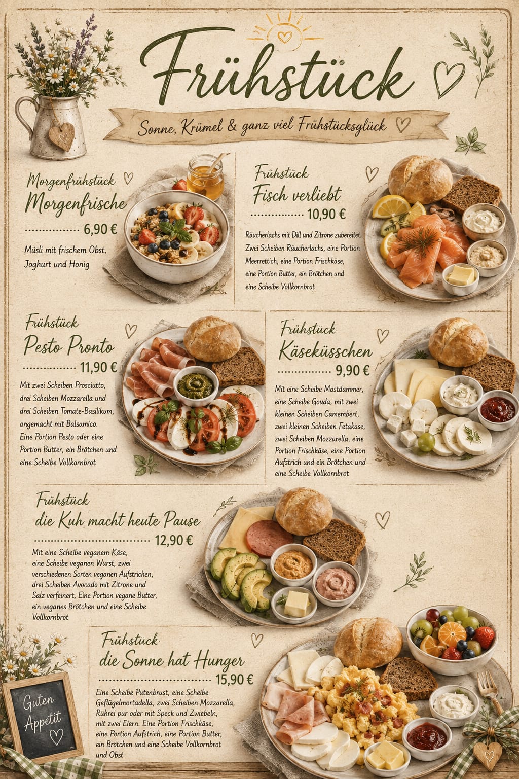 Frühstückskarte von Café Pustekuchen mit Frühstücksangeboten und Preisen