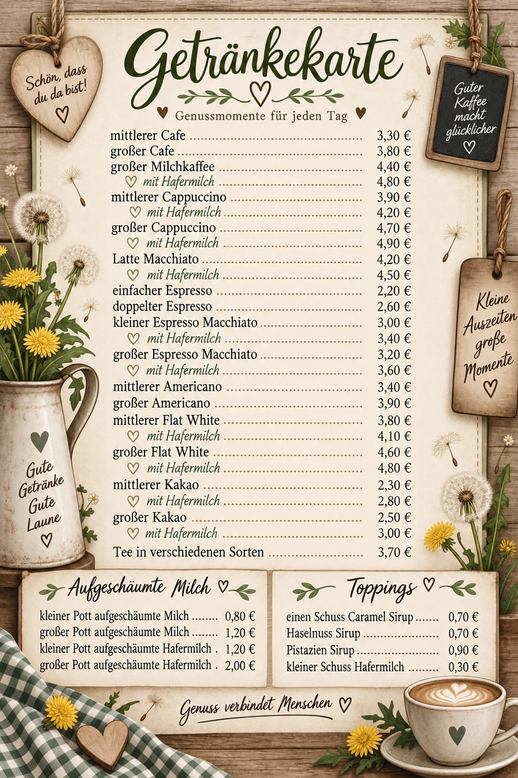 Getränkekarte von Café Pustekuchen mit Kaffee, Kakao, Tee, Milchvarianten und Toppings samt Preisen