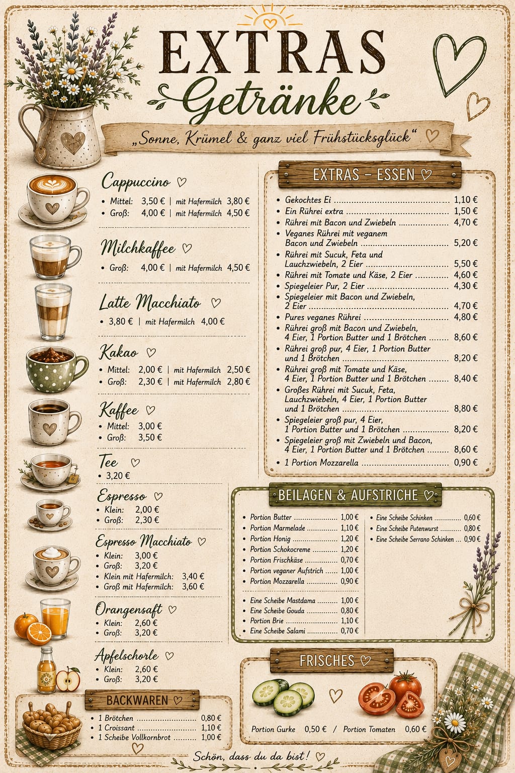 Karte von Café Pustekuchen mit Extras, Speisen, Beilagen und Getränken sowie Preisen
